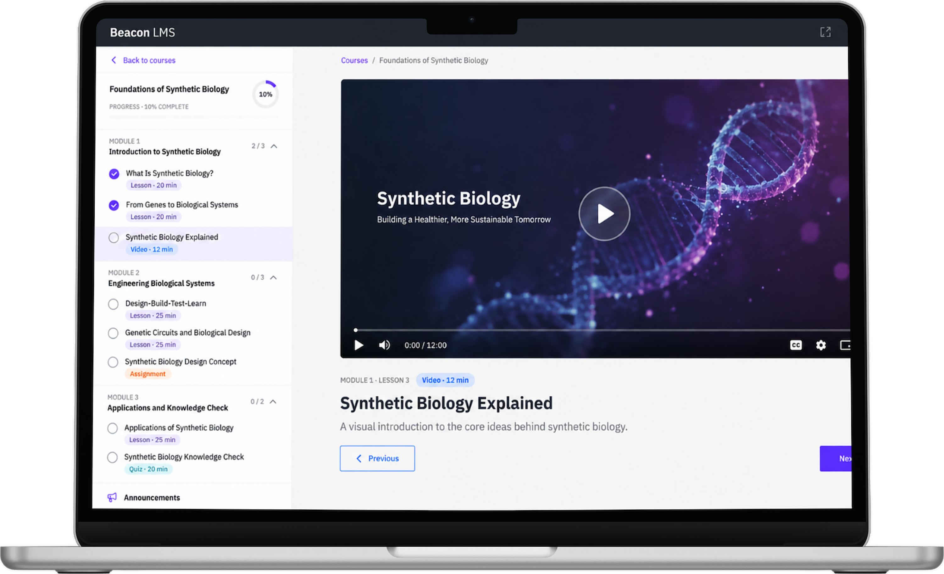 Beacon LMS course player showing a Synthetic Biology video lesson on a laptop