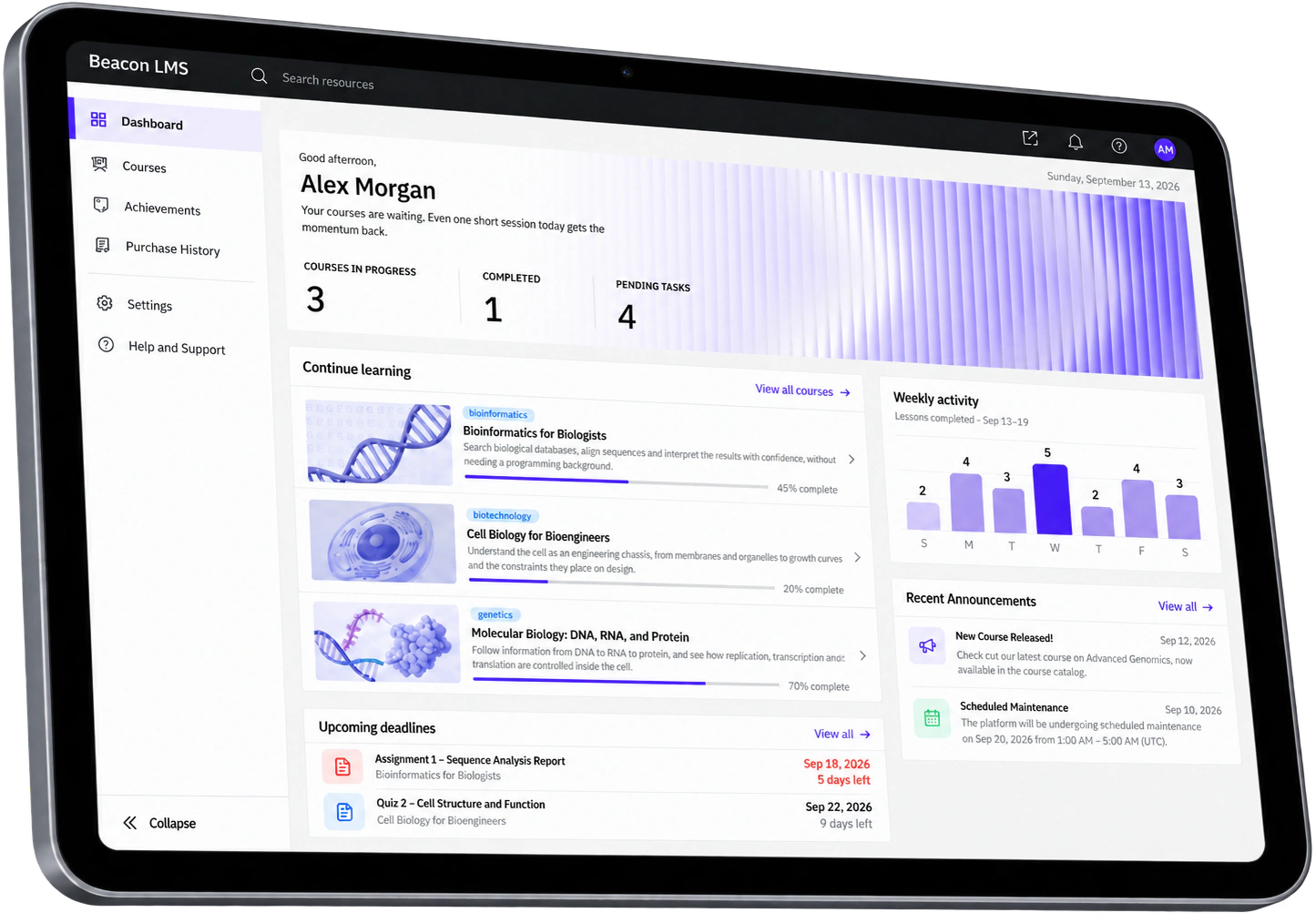 Beacon LMS learner dashboard shown on a tablet